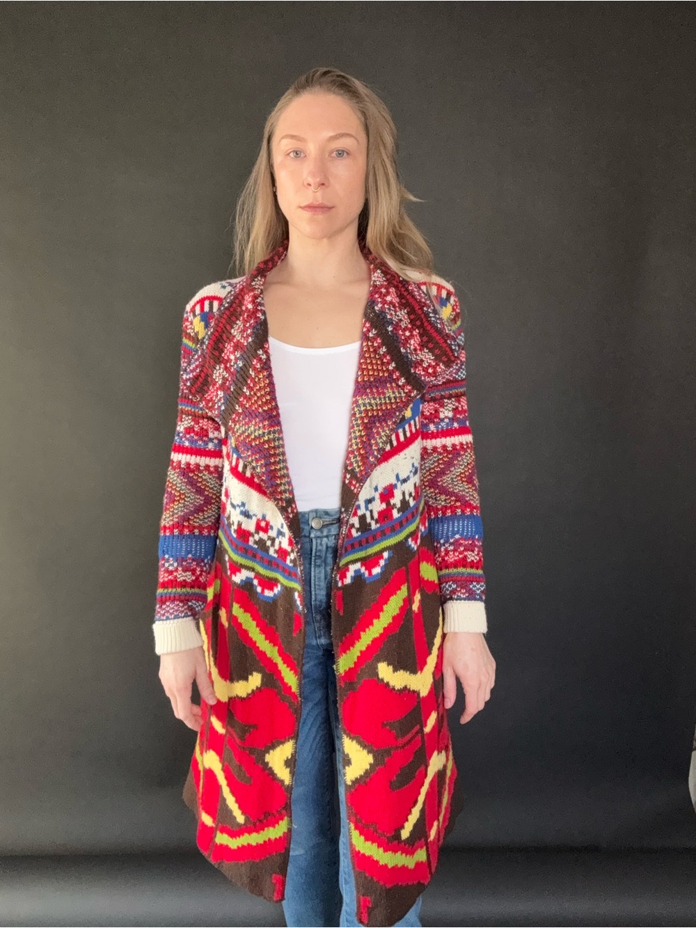 Desigual Red Multi Tribal Open-Front Cardigan